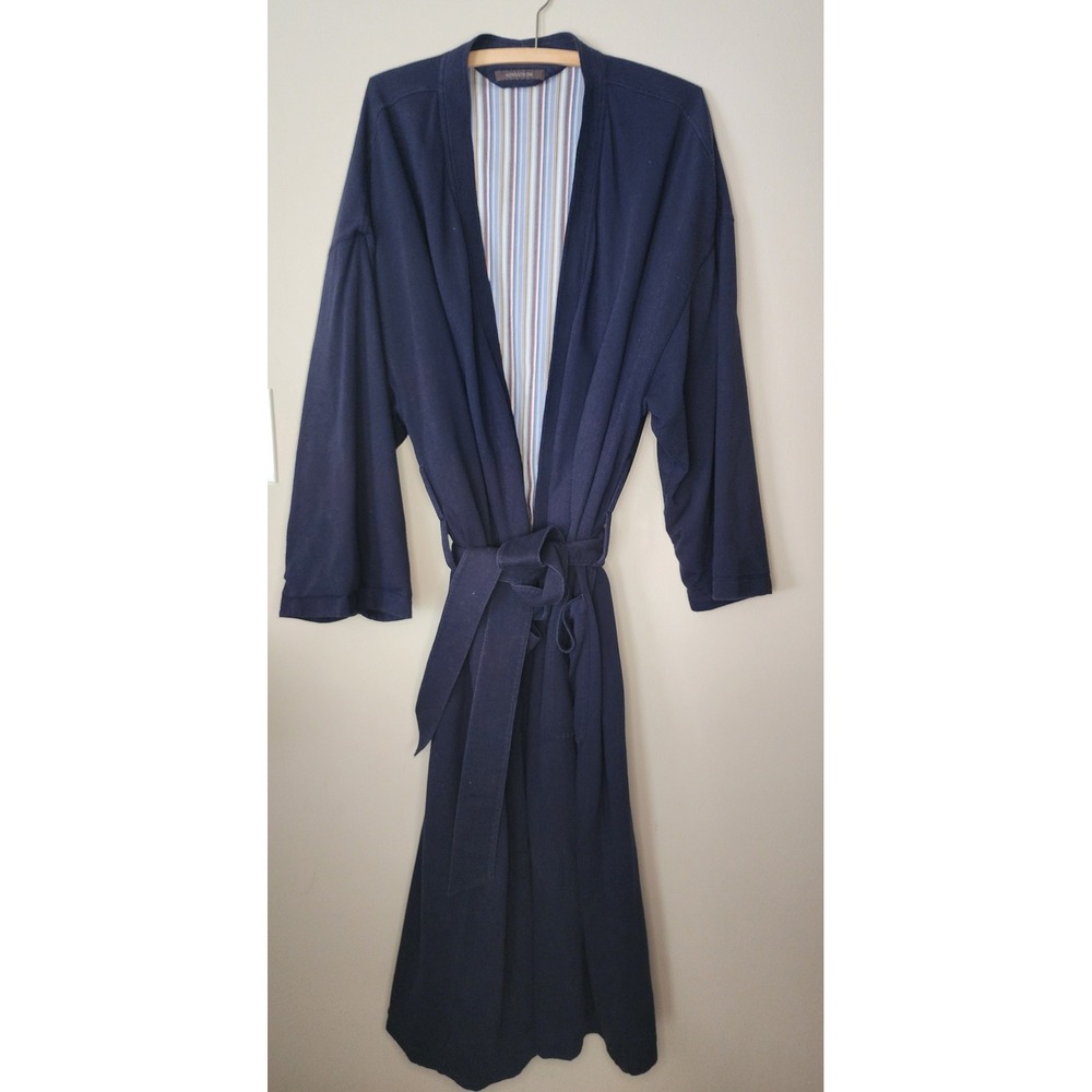 Nordstrom Mens M/L Navy Cotton Robe Dressing Gown Striped Lined Belted 2009‎